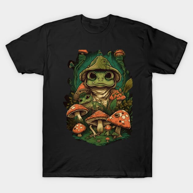 Cottagecore Frogs And Shrooms T-Shirt by Obotan Mmienu